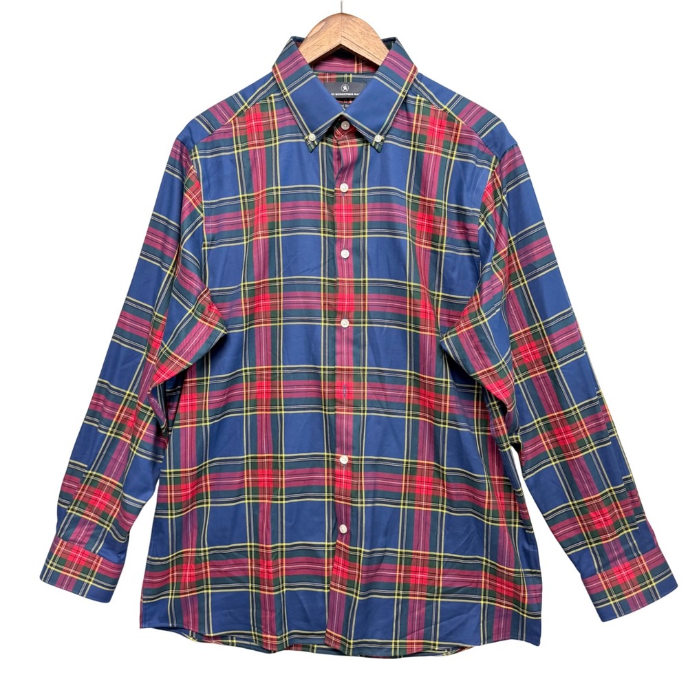 Hart Schaffner Marx Button Down Mens L Blue Red Plaid Cotton Prep Casual Office